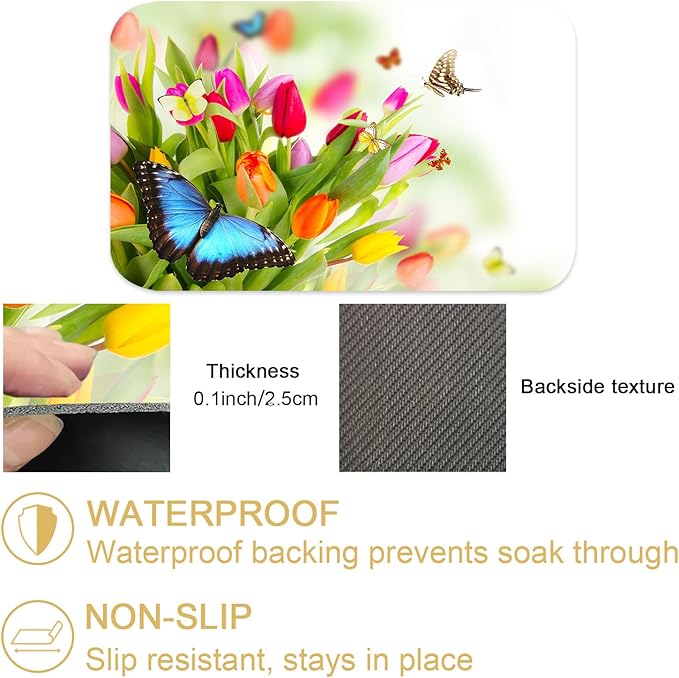 Tulips Butterflies Dish Drying Mats for Kitchen Counter Absorbent Fast Dry Dish Drainer Rack Mats for Dishes Utensils Pot and Pan, Kitchen Accessories 20"x12"