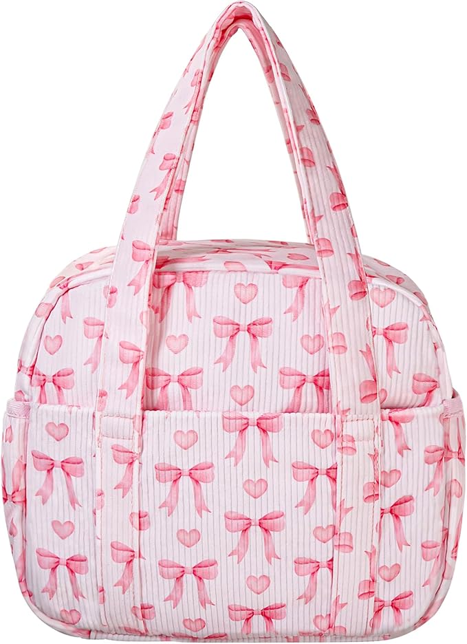 Yarnic Lunch Bag Women Men Insulated, Large Corduroy Lunch Box for Work with Bottle Pockets, Stylish Reusable Cooler Tote for Adults Teachers Picnic Hiking (Pink Bow)