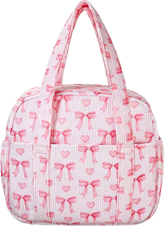 Yarnic Lunch Bag Women Men Insulated, Large Corduroy Lunch Box for Work with Bottle Pockets, Stylish Reusable Cooler Tote for Adults Teachers Picnic Hiking (Pink Bow)