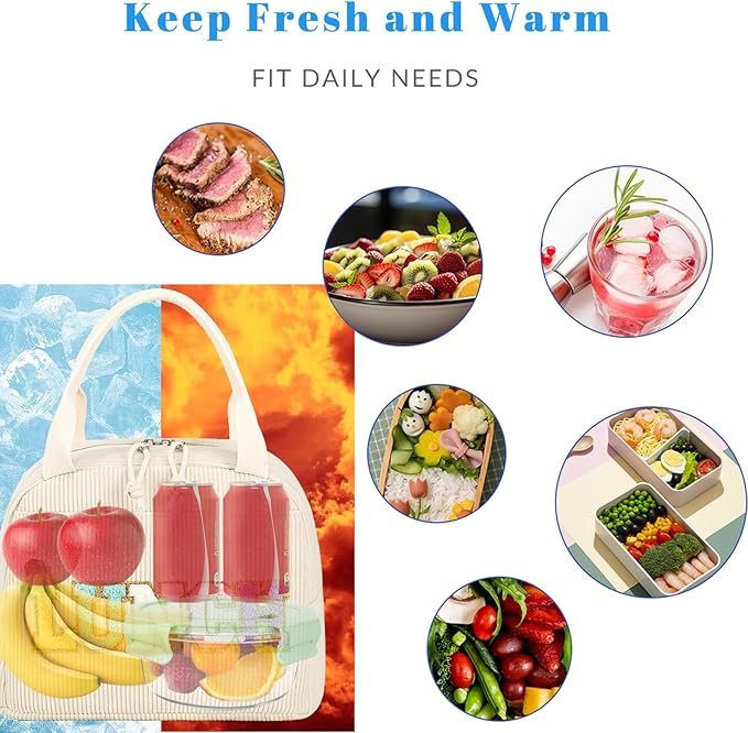 Bluboon Lunch Bag for Women Men Cute Corduroy Lunch Tote Bags Reusable Insulated Lunch Box Large Capacity Reusable Insulated Cooler for Work Picnic or Travel (Corduroy beige+lunch)