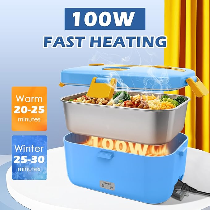 100W Heated Lunch Boxes for Adults 12V 24V 110V-230V Electric Lunch Box Food Heater for Car/Truck Portable Food Heating Boxes with 1.8L 304 SS Containe