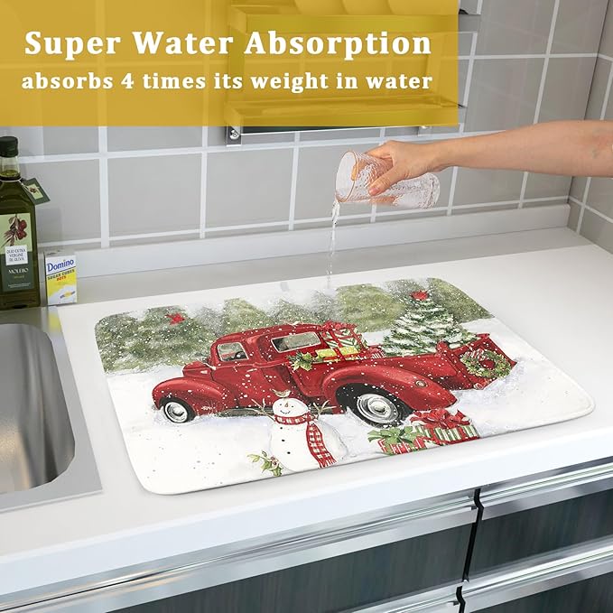 Christmas Red Truck Dish Mat for Kitchen Counter 18x24in, Winter Holiday Xmas Tree Snowman Farmhouse Absorbent Dishes Drainer Drying Mats Fast Dry Washable Microfiber Draining Pad