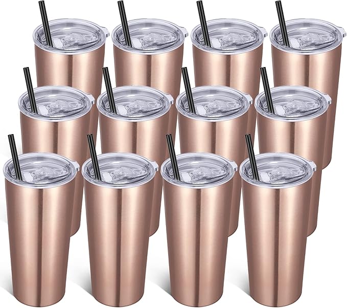 VEGOND 20oz Tumbler Bulk with Lid and Straw 12 Pack, Stainless Steel Vacuum Insulated Tumbler, Double Wall Coffee Cup Travel Mug, Rose Gold