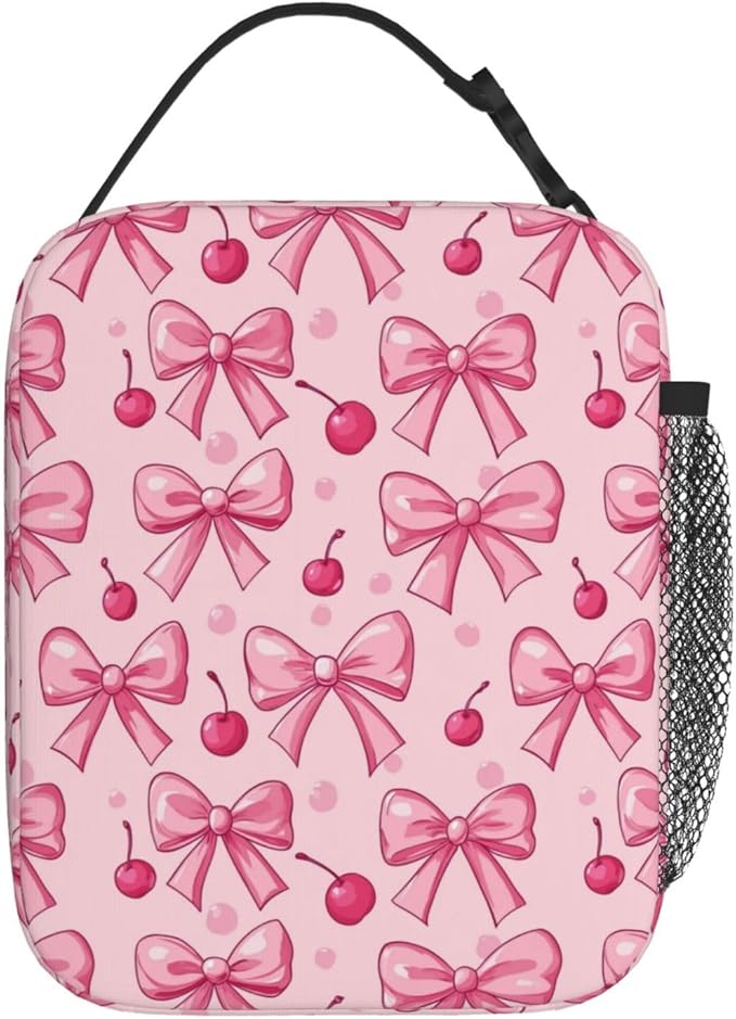 SUPLUCHOM Lunch Bag Pink Bows Cherry Insulated Bento Box Cooler with Side Pocket for Girl Boy Women Men Work School Picnic Hiking Daytrip