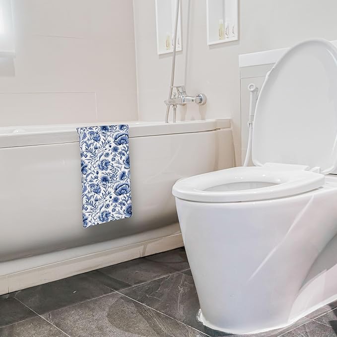 Blue and White Chinoiserie Pink Rose Flowers Floral Kitchen Towels Set of 2 - Rose Decorative Hand Towels for Kitchen Bathroom, Blue and White Chinoiserie Floral Gifts, 16x24