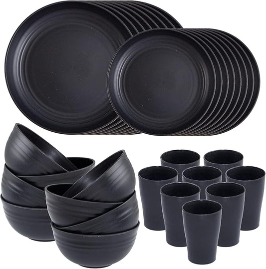 Supernal Wheat Straw Dinnerware Sets,Plates and Bowls Set, Dish Sets for 8, Unbreakable Plate for 8 Dishwasher Safe,Reusable Dinnerware Black-16pcs Plates, 8pcs Bowls, 8pcs Cups.