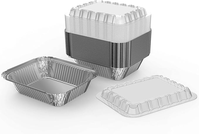 WANBAO 50 PACK 8.3"x6.2" Disposable Tin Foil Pans with Plastic Lids 2.25LB Aluminum Foil Food Containers for Cooking, Baking, Catering Party Meal Prep, Take Out, Freeze, Food Storage