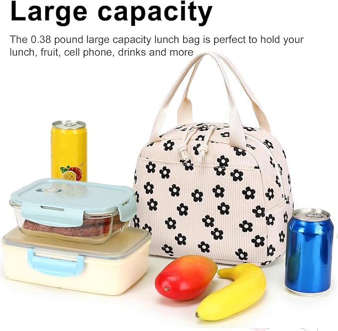 Bluboon Lunch Bag for Women Men Cute Corduroy Lunch Tote Bags Reusable Insulated Lunch Box Large Capacity Reusable Insulated Cooler for Work Picnic or Travel (Corduroy floral)
