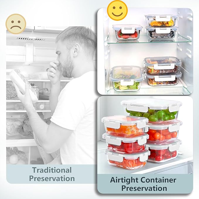 12 Pack Glass Food Storage Container Set with Lids Airtight Leakproof, Stackable Meal Prep & Leftover & Lunch Containers for Microwave, Oven, Freezer and Dishwasher (White)