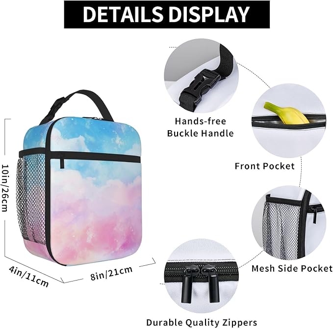 SUPLUCHOM Lunch Bag Pastel Blue Pink Color Insulated Box Reusable with Side Pocket for Girl Boy Women Men Work School Picnic Hiking Daytrip Over 3 Years Old