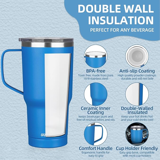 20 oz Insulated Coffee Mug with Ceramic Coating, Stainless Steel Travel Mug Tumbler with Handle Lid and Straw, Double Wall Leak-Proof Coffee Travel Mug Keeps Drink Hot and Cold (Blue)