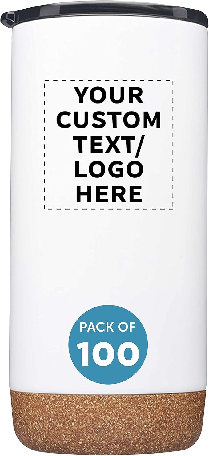 Custom Travel Tumblers with Cork Bottom 16 oz. Set of 100, Personalized Bulk Pack - Double Wall Insulated, Matte Finish, Perfect for Iced Coffee, Soda, Other Beverages - White
