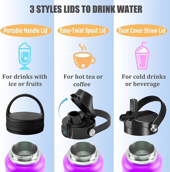 Water Bottle Insulated 32oz 40oz 64oz 128oz Straw Lid Spout Lid & 3 Lids, Leak Proof, Vacuum Insulated,Stainless Steel Water Bottle Wide Mouth for Sports, Gym or Office