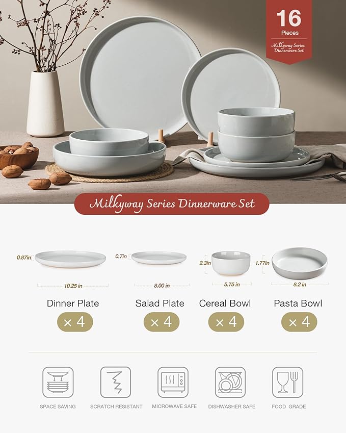 Famiware Milkyway Stoneware Dinnerware Sets with Pasta Bowls, Service for 4 (16 Pieces), Plates and Bowls Sets -Scratch Resistant, Microwave and Dishwasher Safe Dishes Set, Light Gray