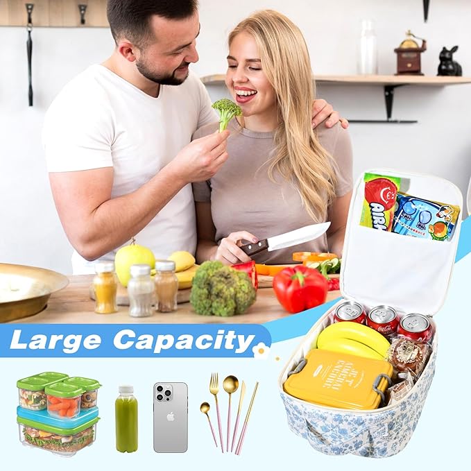 Aileam Lunch Box Lunch Bag for Women Cute Girls Insulated Womens Lunch Bag For Work Quilted Large Capacity Reusable Insulated Cooler for Work School Picnic Travel, Blue Flower