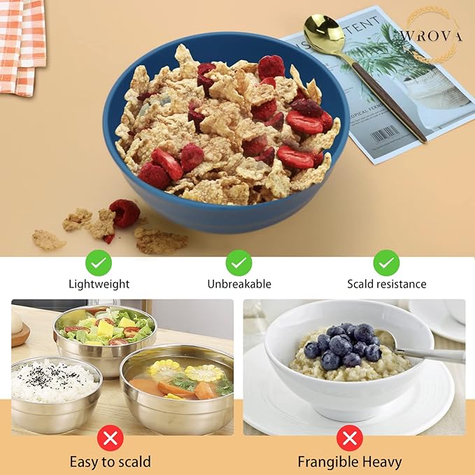 Wheat Straw Bowls Set 60 OZ Unbreakable Large Cereal Bowls Set of 6 Microwave and Dishwasher Safe Bowls Big Bowls for Camping and Party BPA Free Soup Bowl for Serving Oatmeal and Salad (Blue)