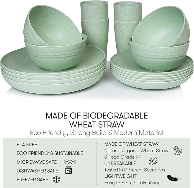 Wheat Straw Dinnerware Sets | Unbreakable Dinnerware Sets | Dishwasher Microwave Safe Dinnerware | Eco Friendly Non Breakable Dinnerware Sets | RV Outdoor Camping (Green, Service for 4 (16 pcs))