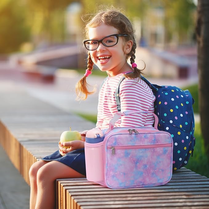 Bagseri Lunch Bag for Girls - Kids Lunch Box for Girls Reusable Leak-Proof and Insulated Kids Lunch Bag Toddler Lunch Box for Daycare and School, Glitter Pink Tie-dye (Water Bottle Not Included)