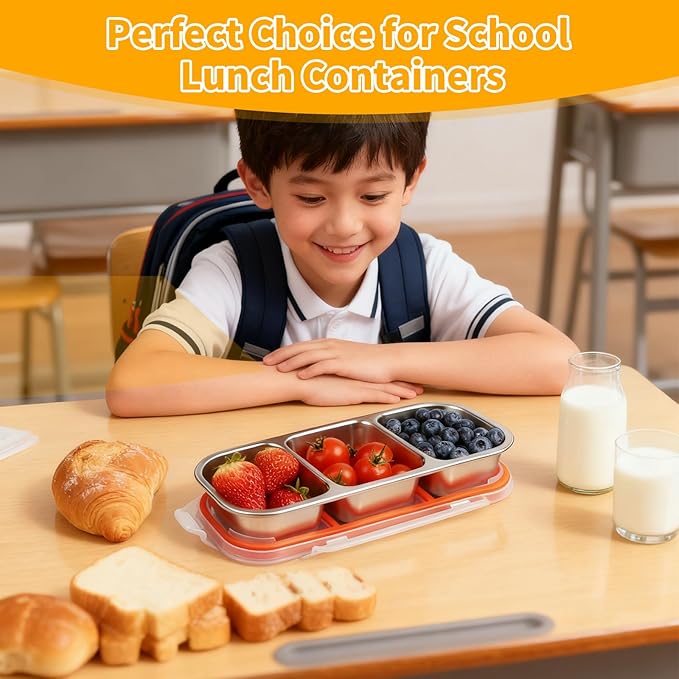 3 Pack 304 Stainless Steel Snack Containers, Reusable Leek Proof Metal Lunch Box with 3 Compartment, Food Storage Containers for Home, Work, Travel