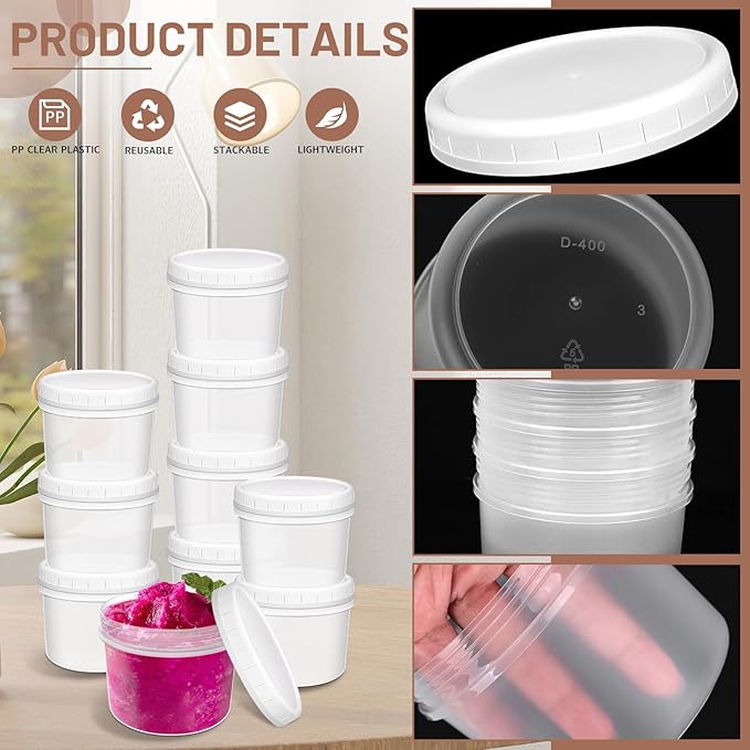 10 Pack 12oz Reusable Small Plastic Containers with Screw Lids, Small Food Storage Freezer Containers, Deli Containers Stackable Food Storage Jars, Sauce Condiment Jars Lunch Box Accessories