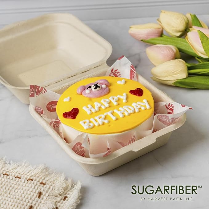 [50 COUNT]Harvest Pack PFAS FREE 6 X 6" Compostable Clamshell Take Out Food Containers, Single Compartment To go Container, Square Heavy-Duty Bagasse Bento Cake Box, from Eco-Friendly Sugarcane Fibers