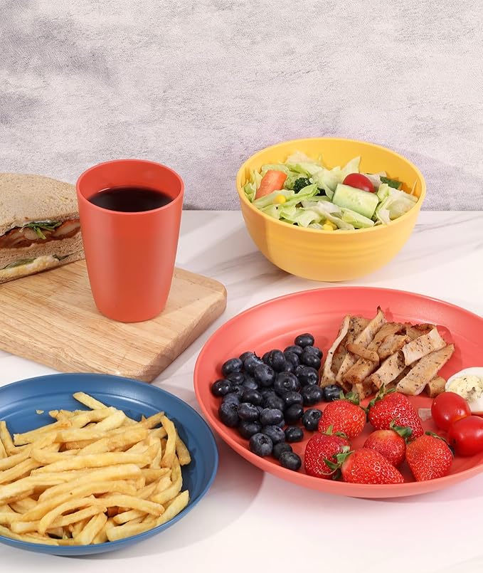 Quatish 24 Piece Plates and Bowls Sets for 6, Unbreakable Dinnerware Sets, Plastic Dish Set for Camping, Dishwasher Microwave Safe, Outdoor Kitchen and Apartment Dinning RV Essentials, Multi