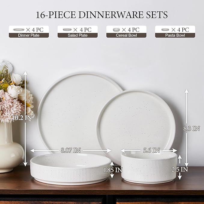 E-far 16 Piece Dinnerware Sets, Plates and Bowls with Pasta Bowls Service for 4, Modern Stoneware Ribbed Dishes for Kitchen Dining, Microwave & Dishwasher Safe, Speckled White