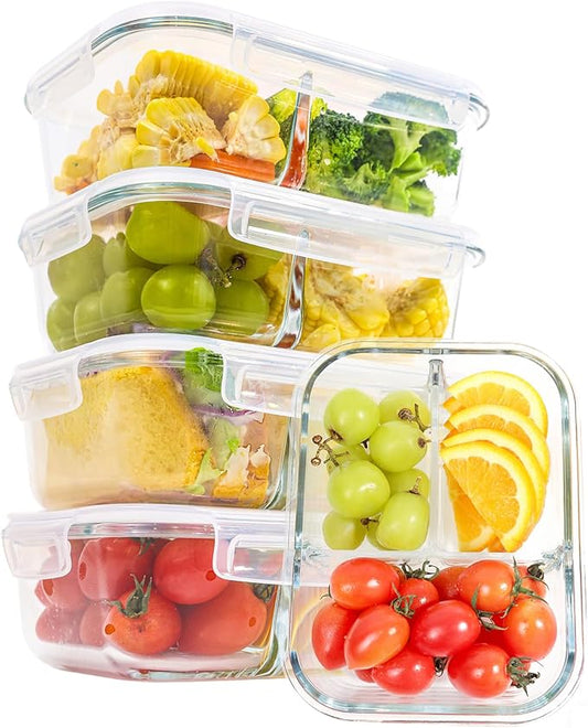5-Pack Glass Storage Containers,Glass Food Container with Lid,Lunch Box,Bento Box,Storage Box,Meal Prep Containers,Lunch Containers, Fruit Preservation Boxes,Three-partition-White