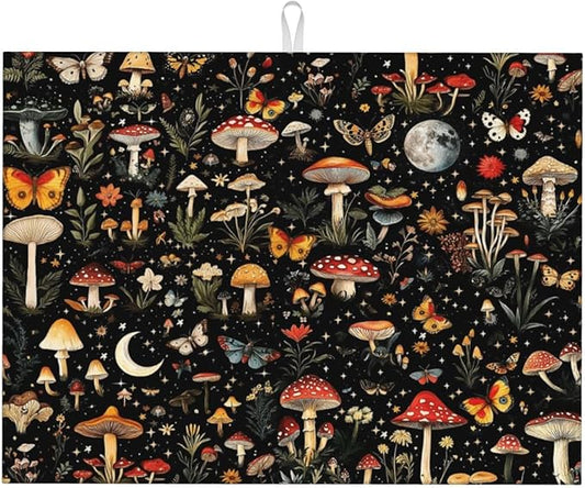 Black Forest Mushroom Butterfly Dish Drying Mats, Absorbent Microfiber Cute Decorative Kitchen Counter Mat, Washable, Reusable, Foldable for Dishes Utensils, Small Appliances, Home Decor, 18 x 24 inch
