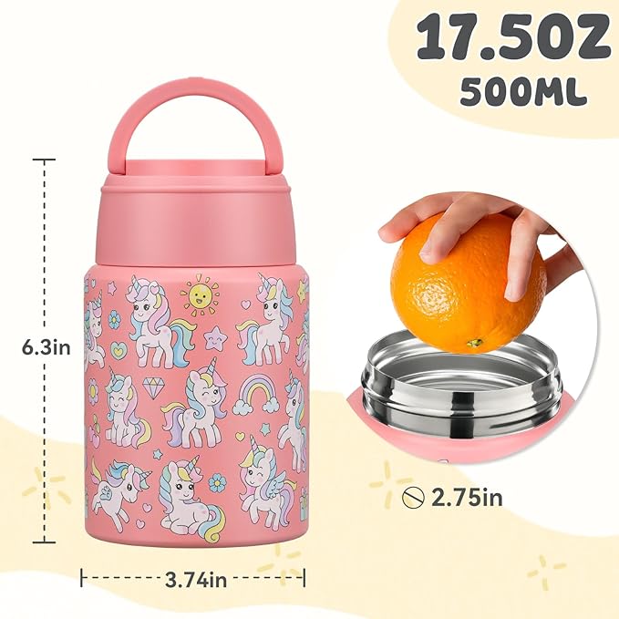 17oz Soup Thermo for Hot Food Kids Insulated Food Jar,Thermo Hot Food Lunch Container, Width Mouth Stainless Steel Lunch Box for Kids with Handle Folding Spoon (Pink-Unicorn)