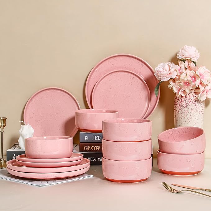 GZG Modern Art Series - 12 Pcs Speckled Stoneware Plates and Bowls Sets, Ceramic Dinnerware Set with Rustic Terracotta Underside, Microwave and Dishwasher Safe Handcrafted Dishes Set - Blush Pink