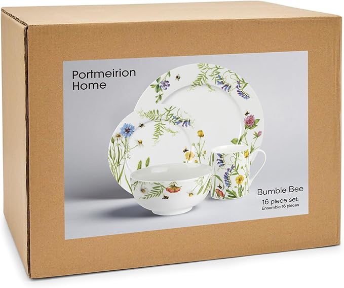 Portmeirion Home Bumble Bee 16 Piece Set - Colorful Wildflower & Bee Pattern, Porcelain Plates, Bowls & Mugs for Breakfast, Lunch or Dinner, Great for Spring Gatherings - Microwave, Dishwasher Safe
