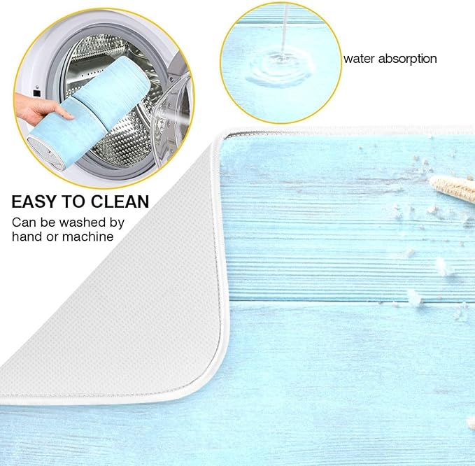 Blue Wooden Seashells and Starfish Dish Drying Mat for Kitchen Counter Super Absorbent Dishes Pad Reversible Microfiber Protector Dish Draining Mats 18x24 inch