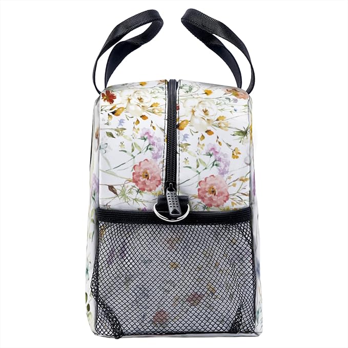 Wildflower Garden Flowers Floral Boho Watercolor Flower Lunch Bag for Women Men Cute Large Capacity Thermal Lunch Tote Reusable Washable with Adjustable Shoulder Strap and Dual Large Mesh Side Pockets