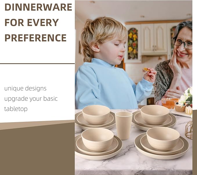Cream Plastic Plates and Bowls Sets Dishwasher and Microwave Safe Wheat Straw Dinnerware Sets for 8,Reusable Plastic Dishes Set Lightweight Unbreakable for Kitchen Camping Outdoor RV 32 Pcs
