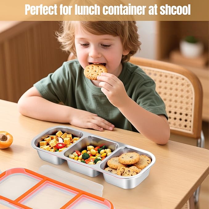 Stainless Steel Snack Containers - Reusable 3 Compartment Snackle Box Container with Lids for Kids Adults, Divided Snack Food Storage Containers for School, Home, Travel
