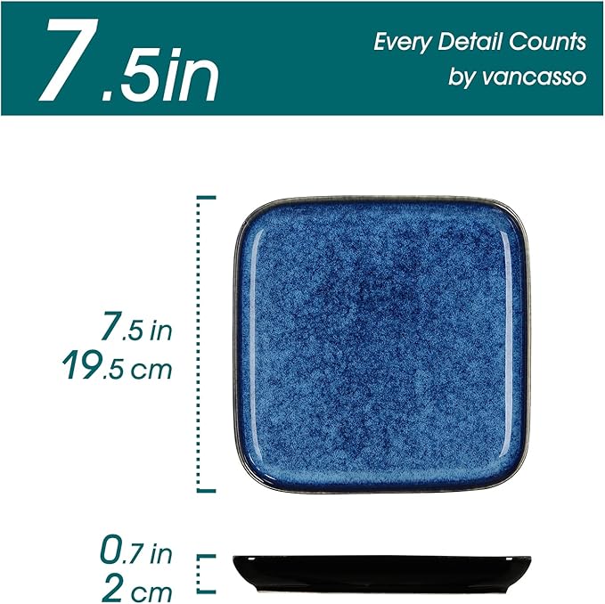 vancasso Stern Square Dinner Plates Set of 4, 7.5 Inch Dessert Plates, Reactive Change Glaze Blue Serving Pasta Salad Plate Dish, Scratch Resistant