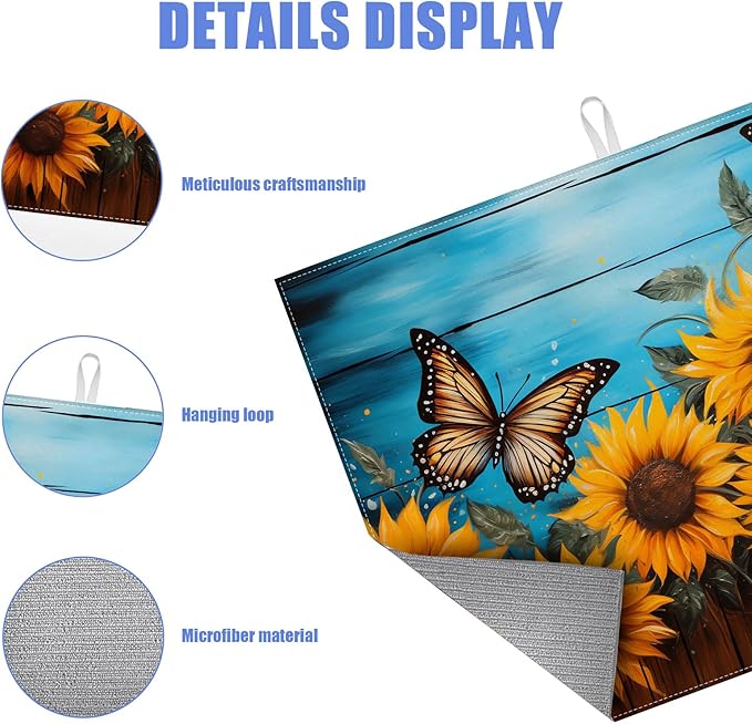 Sunflower Butterfly On Wooden Board Dish Drying Mat for Kitchen Counter Drying Pad Absorbent Reversible Dish Drainer Rack Mats Draining Pad 18"x24"Inch