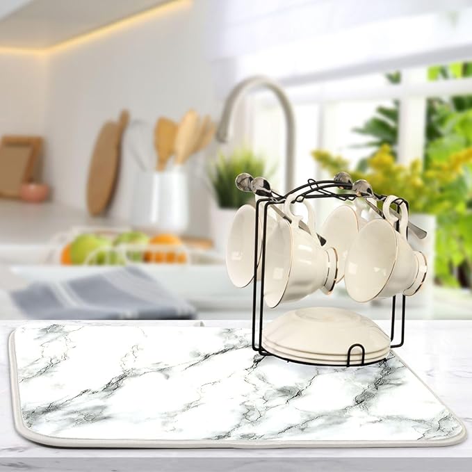 White Marble Pattern Dish Drying Mat for Kitchen Counter Super Absorbent Dishes Pad Reversible Microfiber Protector Dish Draining Mats 16x18 inch