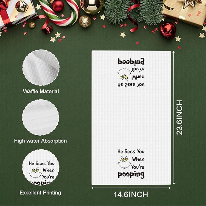 Christmas Kitchen Decor,Christmas Hand Kitchen Towels Set of 2,Xmas Decor He Sees You When You're Pooping Baking Cooking Cloth,Funny Holiday Winter Home Kitchen Decoration 14 x 23 Inches
