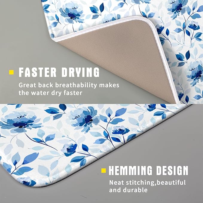 Blue Floral Dish Drying Mat 16x18 inch Flower Leaves Dish Rack Pad Microfiber Washable Dishes Drainer Pad Kitchen Countertop Accessories