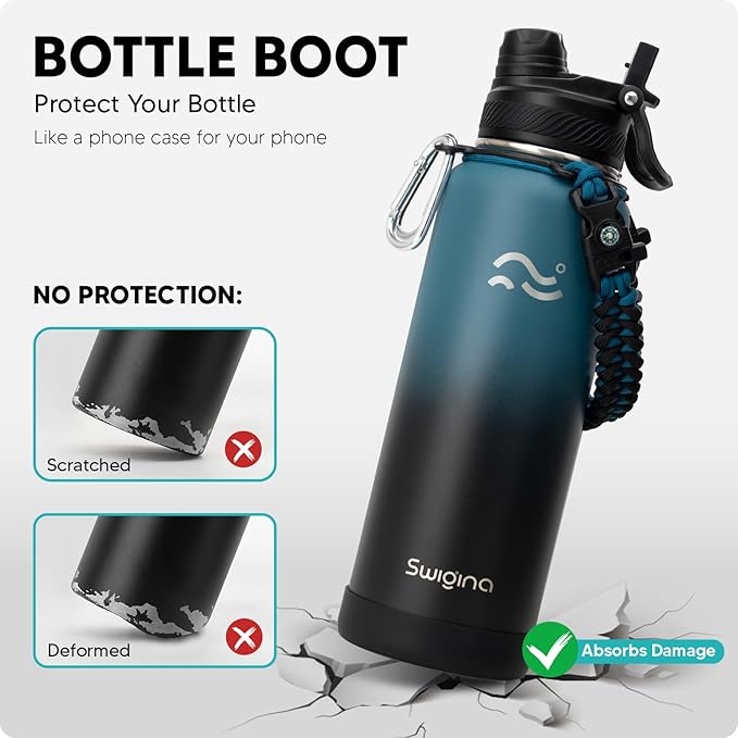 [2-IN-1 LID] Insulated Water Bottle with Silicone Boot (36hrs Cold/18hrs Hot) - DIY Stickers, Leakproof, BPA Free, 40 oz