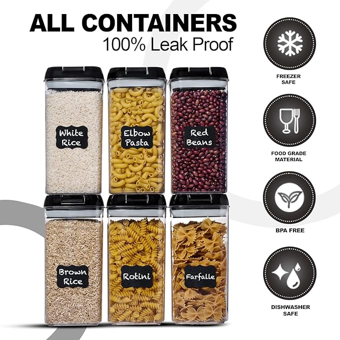Shazo Airtight Food Storage Containers with Lids - 6 PC BPA Free Clear Plastic Cereal Containers with Easy Lock Lids for Kitchen and Pantry Organization for Snacks and Pasta - 1.2L