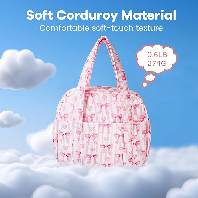 Yarnic Lunch Bag Women Men Insulated, Large Corduroy Lunch Box for Work with Bottle Pockets, Stylish Reusable Cooler Tote for Adults Teachers Picnic Hiking (Pink Bow)