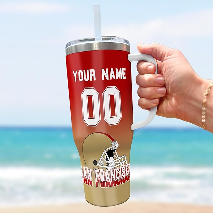 Custom 40oz Football Stainless Steel Tumbler with Handle & Straw, Personalized Insulated Travel Mug, Name & Number Cup, Tailgating Sports Gift (San Francisco Colors)