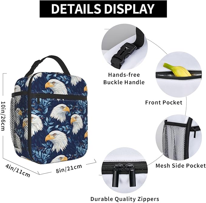 Bald Eagle and Leaf Lunch Box for Teen Kids, Vintage Reusable Thermal Lunchbag, Picnic, School, Hiking, Fishing, Bird Insulated Tote Cooler Bags for Adults Women Decor Gifts, Nature Theme