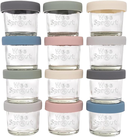 WeeSprout Glass Baby Food Storage Jars w/Lids (4 oz, 12 Pack Set) Snack, Puree, Reusable Small Containers, Breast Milk, Fridge or Freezer, Microwave & Dishwasher Safe, Essential Must Have for Infants