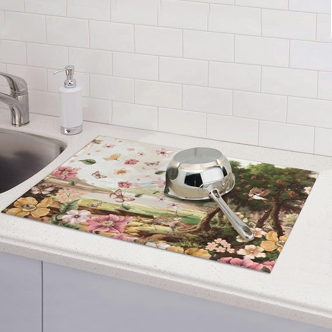 Retro Country Woods Deer Dish Drying Mat 18x24 Inch, Microfiber Absorbent Fast Dry Mat Flowers Butterfly Large Dish Mat Drying Kitchen Mat, Kitchen Drying Pad for Kitchen Counter Coffee Bar Decor