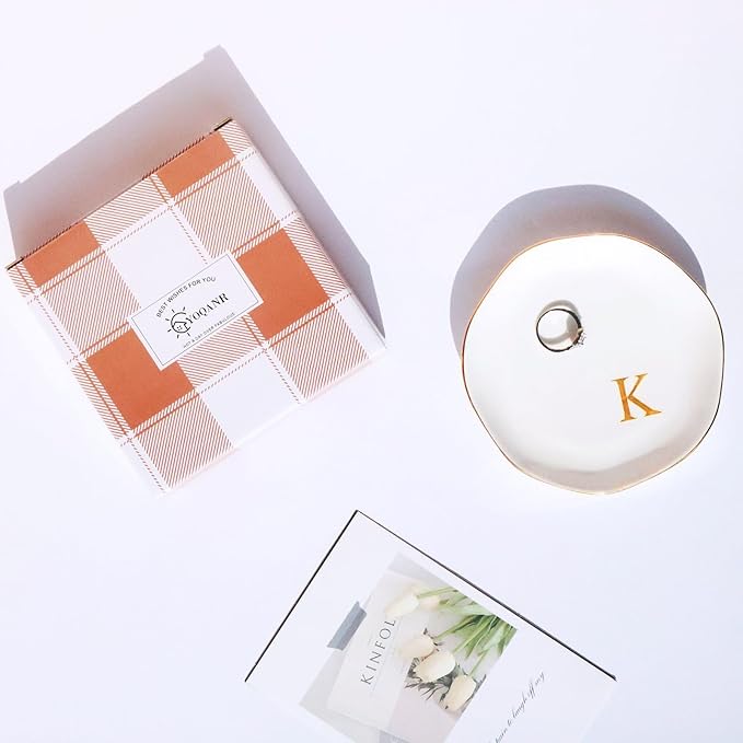 Ceramic Jewelry Tray Initial Ring Dish Personalized K-Monogrammed Engagement Wedding Gifts, for Birthday Mother's Day Christmas for Women, Ceramic White 4.75" (K)