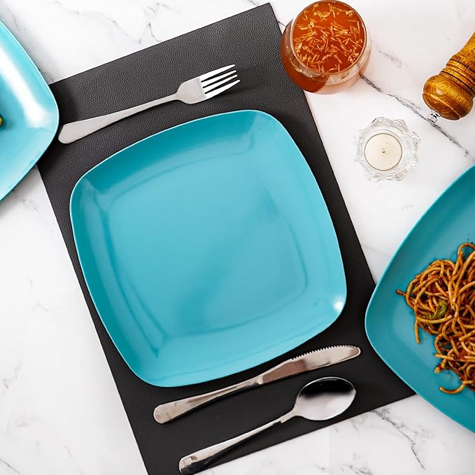 TP 10.5" Melamine Square Dinner Plates, 6-piece Plate Set Unbreakable Serving Dishes for Indoors and Outdoors, Unbreakable Dinner Service for 6, Teal